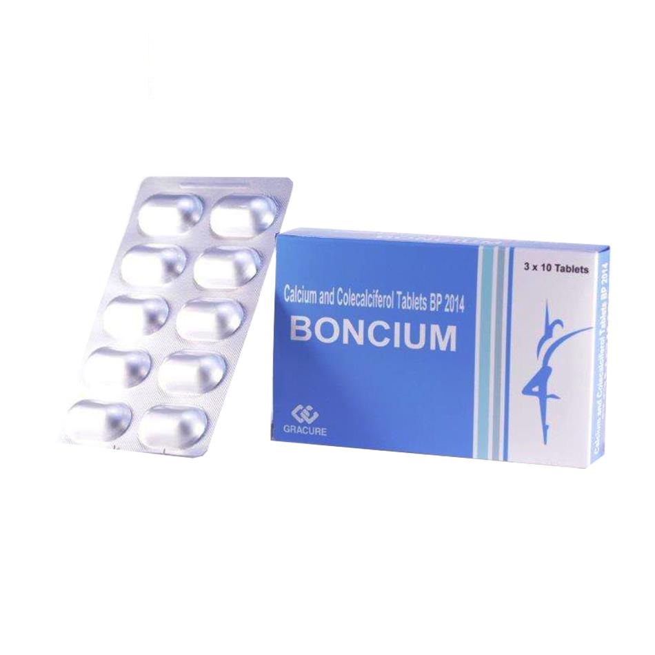 Thuốc Boncium Gracure phòng và điều trị thiếu Canxi và Vitamin D3 (3 vỉ x 10 viên)
