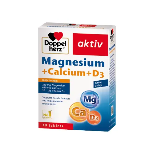 Viên uống Magnesium+Calcium+D3 Doppelherz Aktiv hỗ trợ cơ và xương khỏe mạnh (3 vỉ x 10 viên)