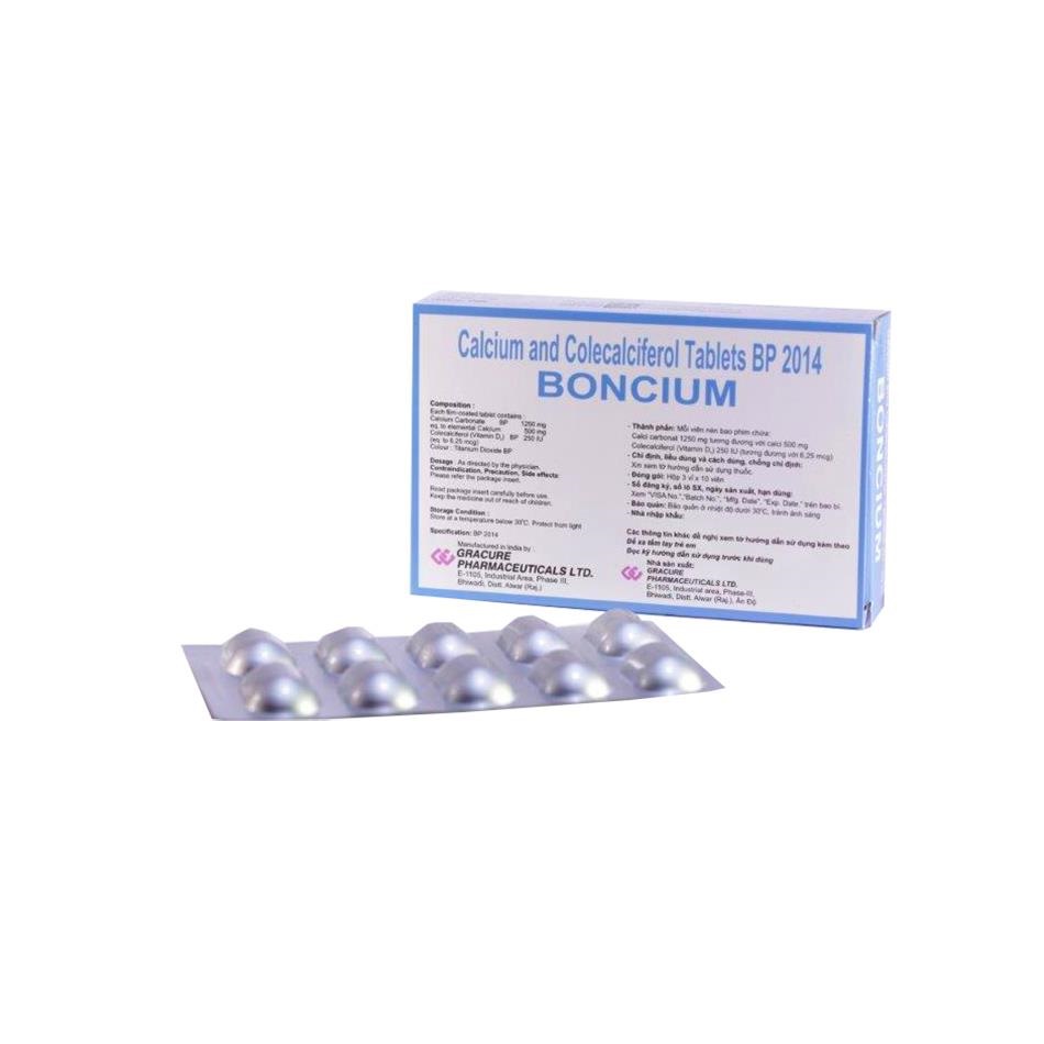 Thuốc Boncium Gracure phòng và điều trị thiếu Canxi và Vitamin D3 (3 vỉ x 10 viên)