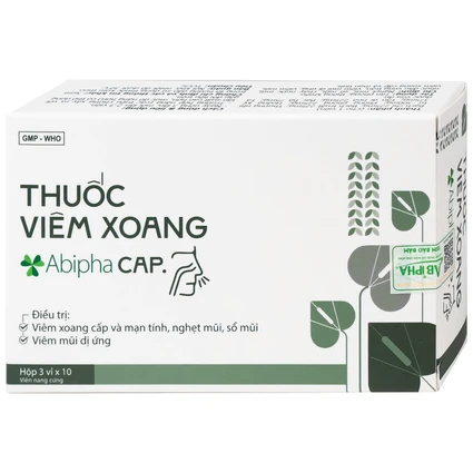 Thuốc viêm xoang Abipha Cap điều trị viêm xoang, nghẹt mũi, sổ mũi, viêm mũi dị ứng (3 vỉ x 10 viên)