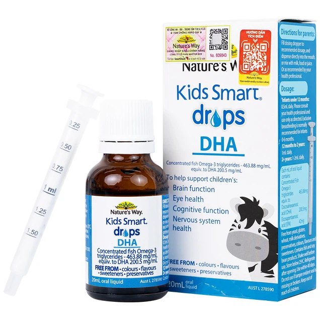 Siro Kids Smart Drops DHA 20ml Nature's Way thúc đẩy sự phát triển của não bộ và hệ thần kinh ở trẻ nhỏ